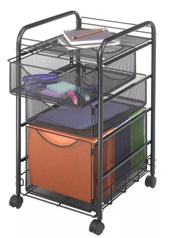 The mesh cart with assorted items inside