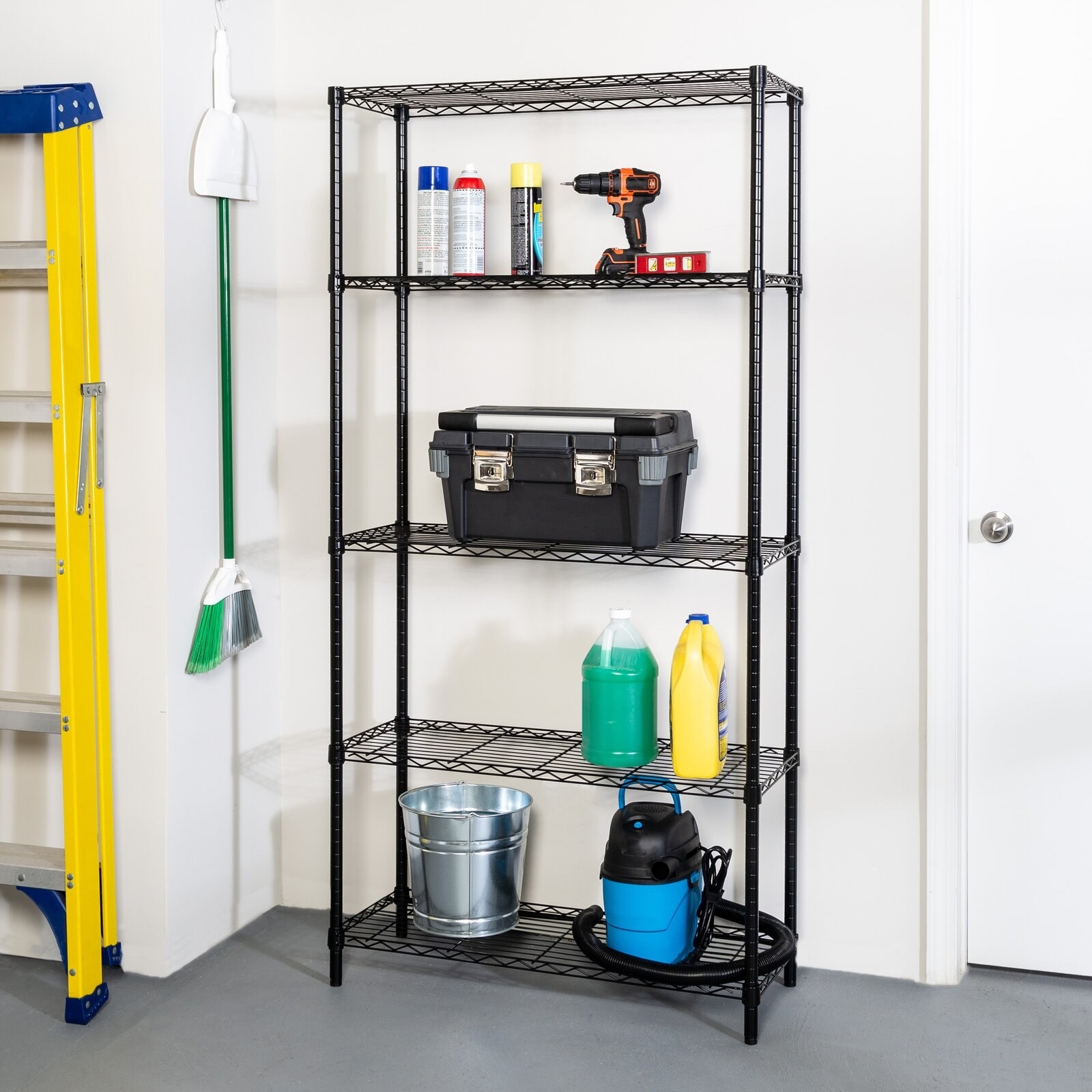 The black wire shelving unit