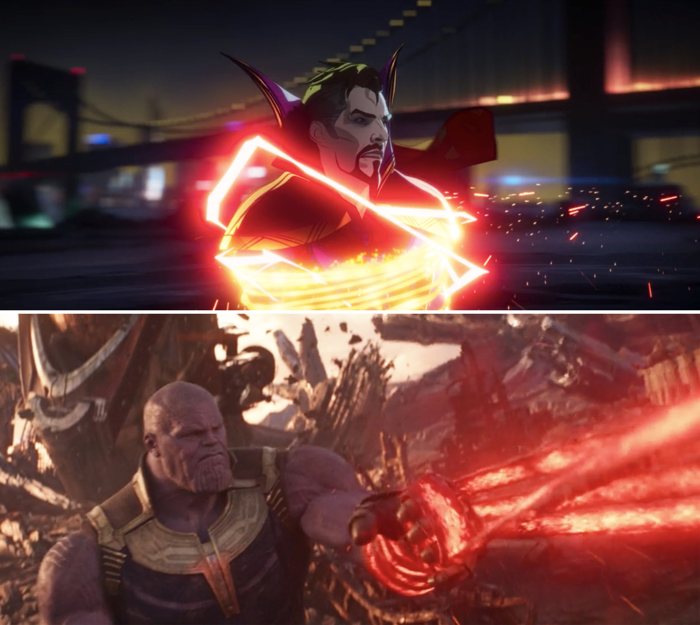 Evil Strange tangled in a magic lasso vs Thanos&#x27; gauntlet tangled in one