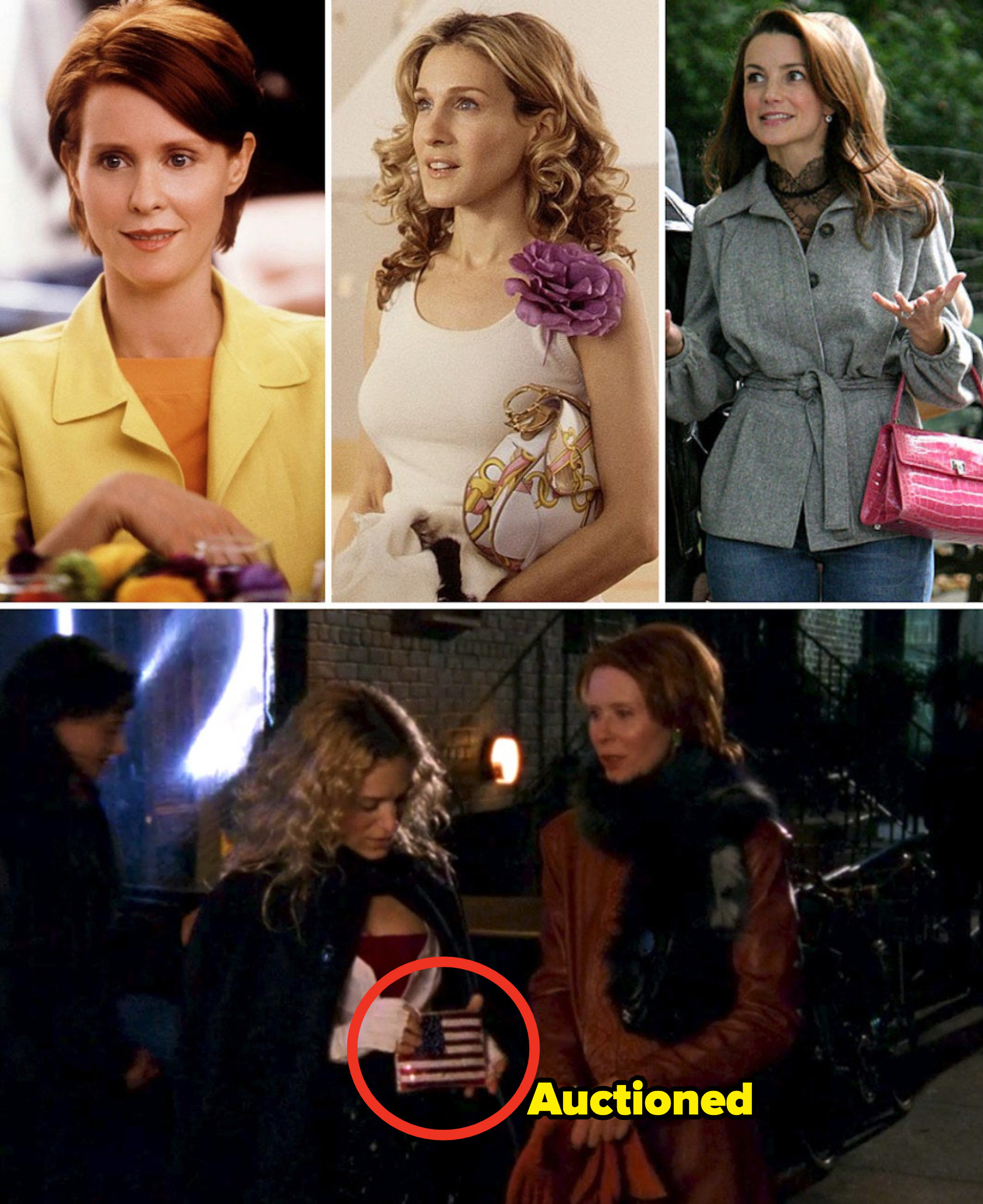 Cynthia Nixon wearing a blazer with a shirt; Sarah Jessica Parker wearing a tank top with a funky bag and bright-colored flower; Kristin Davis wearing a winter coat and bright-colored leather bag; Carrie holding her sequined American flag bag