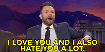 Joel McHale on a talk show saying I love you and I also hate you a lot