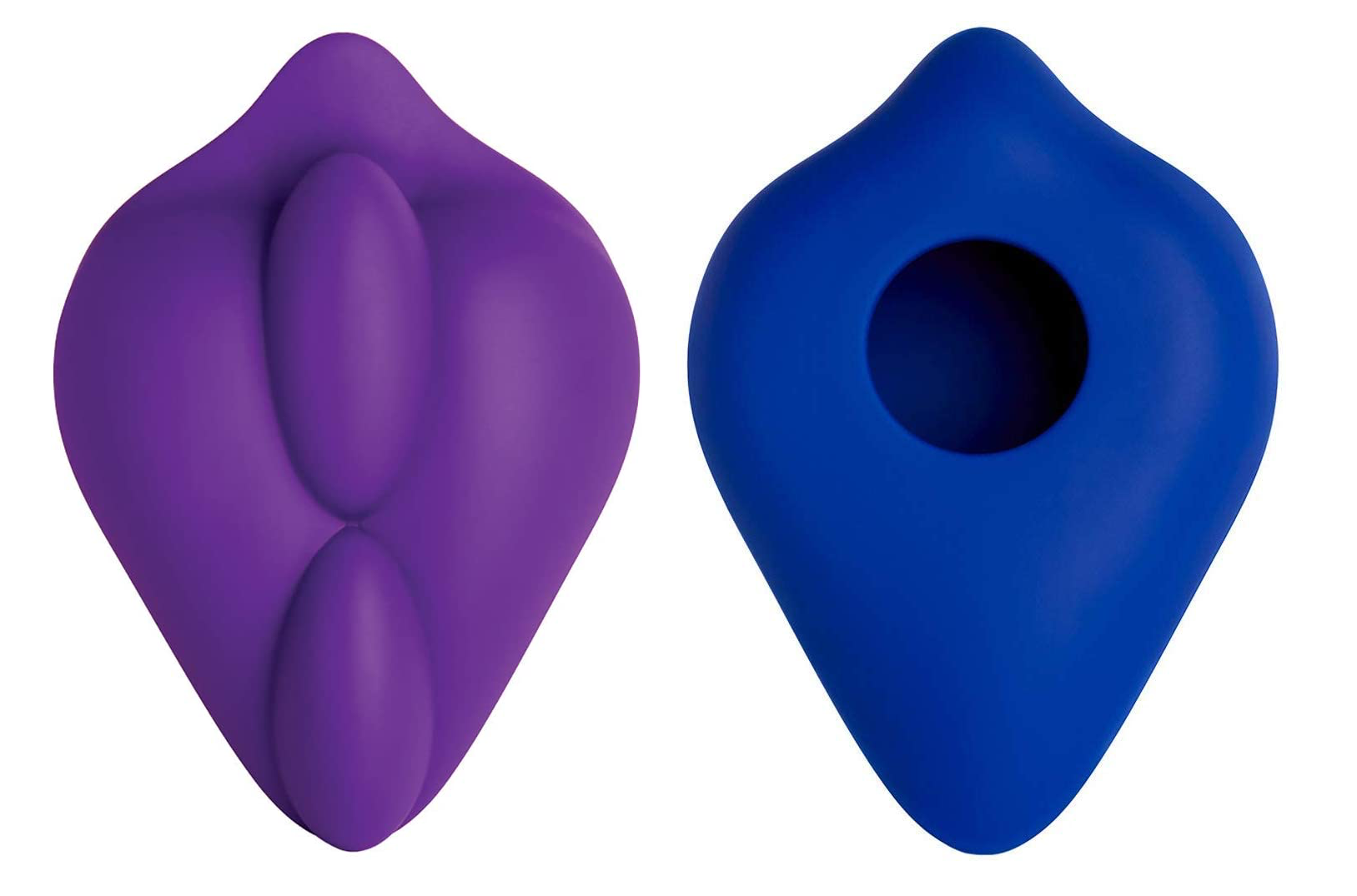 Purple cushion showing ridges on front and blue cushion displaying O-ring for dildos