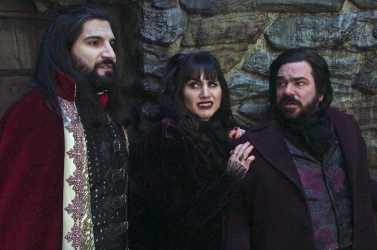 Kayvan Novak as Nandor, Natasia Demetriou as Nadja, and Matt Berry as Laszlo in What We Do in the Shadows