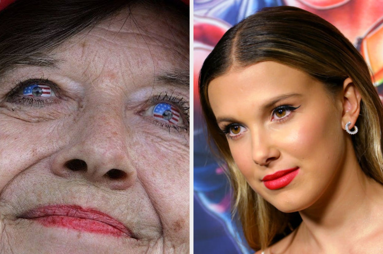 millie bobby brown looking at a woman with american contacts