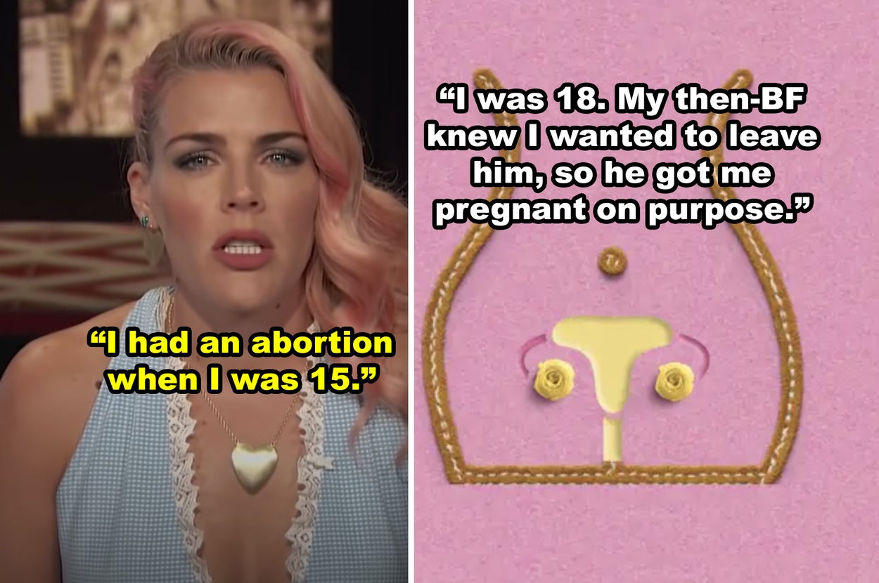 Side-by-side of Busy Philipps opening up about her abortion + an illustration of a the female reproductive system