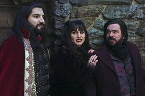 Kayvan Novak as Nandor, Natasia Demetriou as Nadja, and Matt Berry as Laszlo in What We Do in the Shadows