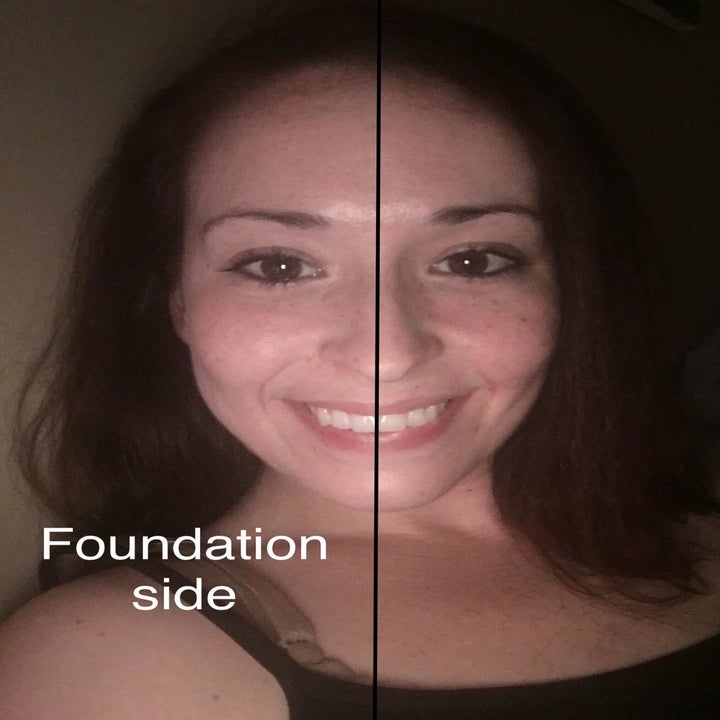before and after of reviewer showing glowy natural skin with foundation side versus bare skin