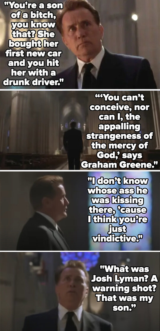 Bartlet calls God a son of a bitch for killing Mrs. Landingham with a drunk driver, then quotes Graham Greene about God&#x27;s mercy and says he was a kiss-ass, because God is vindictive — he asks what John was, a warning shot? Then says he was his son