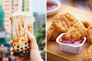 On the left, someone holding up some boba, and on the right, some chicken nuggets and a side of barbecue sauce