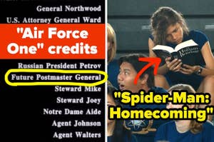 A circle around character in the Air Force One credits named Future Postmaster General and an arrow pointing to a book MJ reads in Spider Man Homecoming