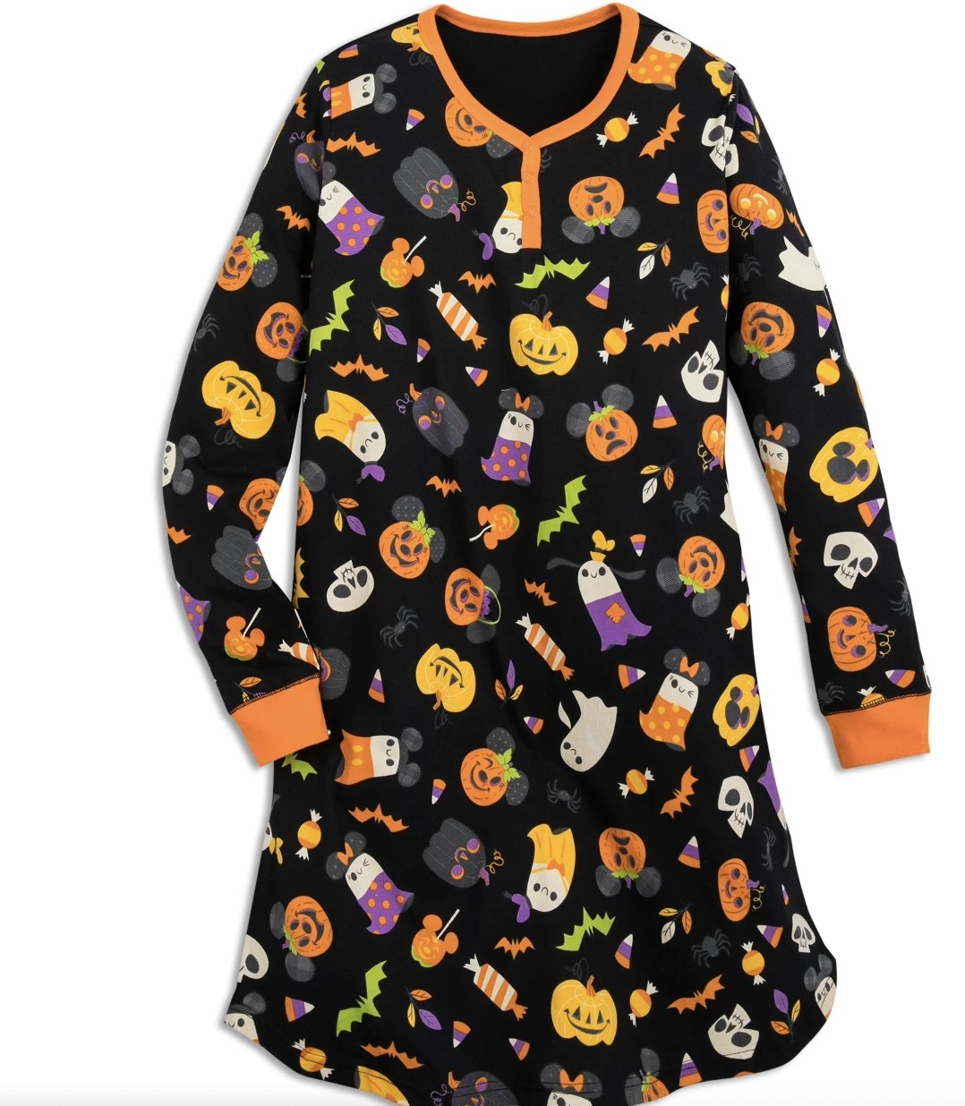 Long sleeve Mickey Mouse pumpkin Halloween nightshirt with bats, candy and ghosts