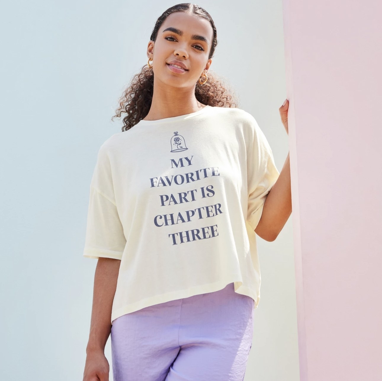 Flowy white t-shirt with phrase &quot;My Favorite Part Is Chapter Three&quot;