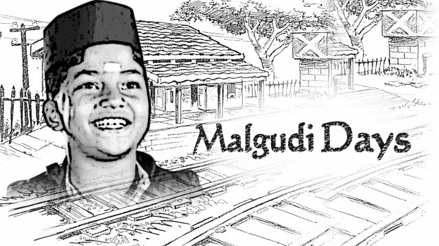 A poster of the show Malgudi days featuring the lead character and the town of Malgudi in an outlined sketch