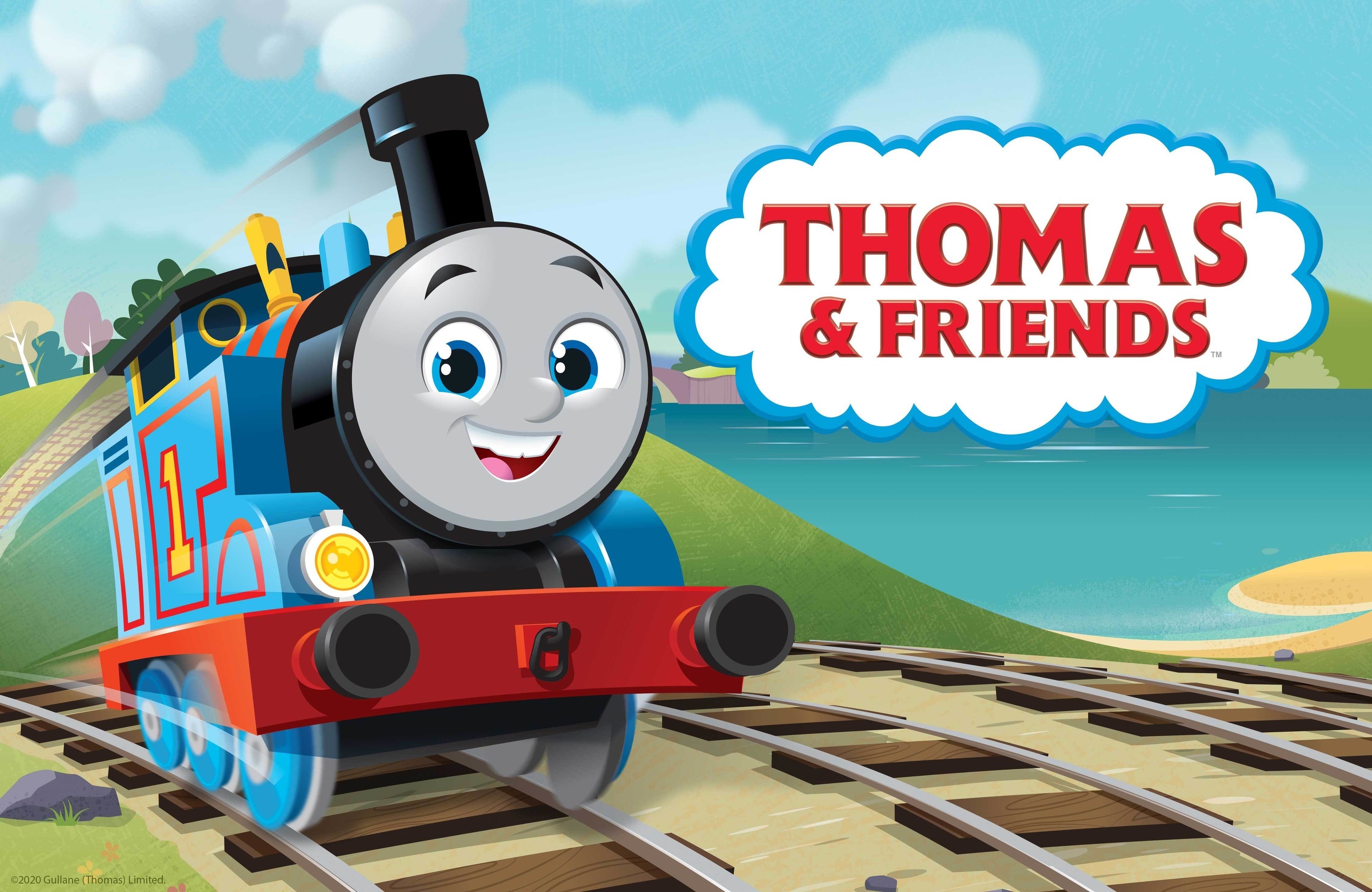 A poster of the show Thomas &amp;amp; Friends with Thomas who is a blue coloured train engine