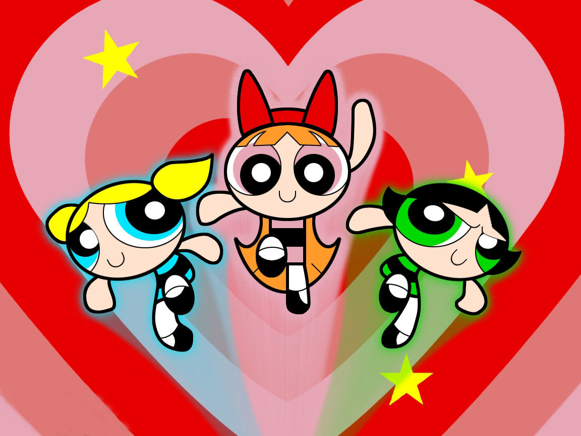 A poster of the cartoon The Powerpuff Girls featuring the lead characters Bubbles, Blossom and Buttercup
