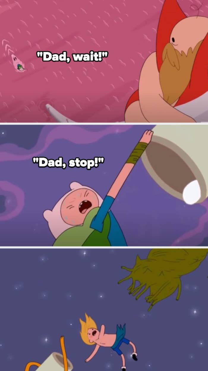Finn begs his dad to wait/stop, but his dad leaves anyways, and Finn's arm is torn off while trying to keep him there