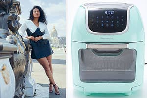 model in a faux leather jumper; a teal airfryer