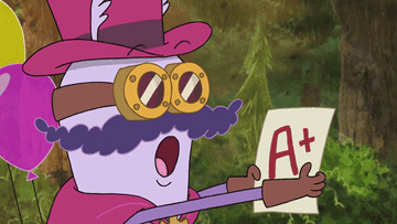 Gif of an animated character from the show Harvey Beaks giving a thumbs up and holding a paper that says A+