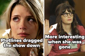Marissa on the OC labeled "Plotlines dragged the show down" and Jess doing jury duty on New Girl labeled "More interesting when she was gone"