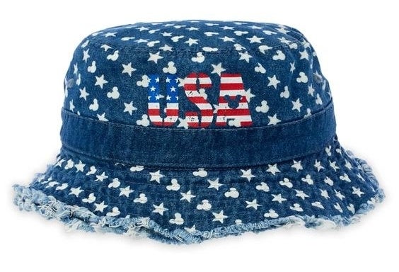 The navy blue bucket hat with Mickey Mouse icons and USA lettering
