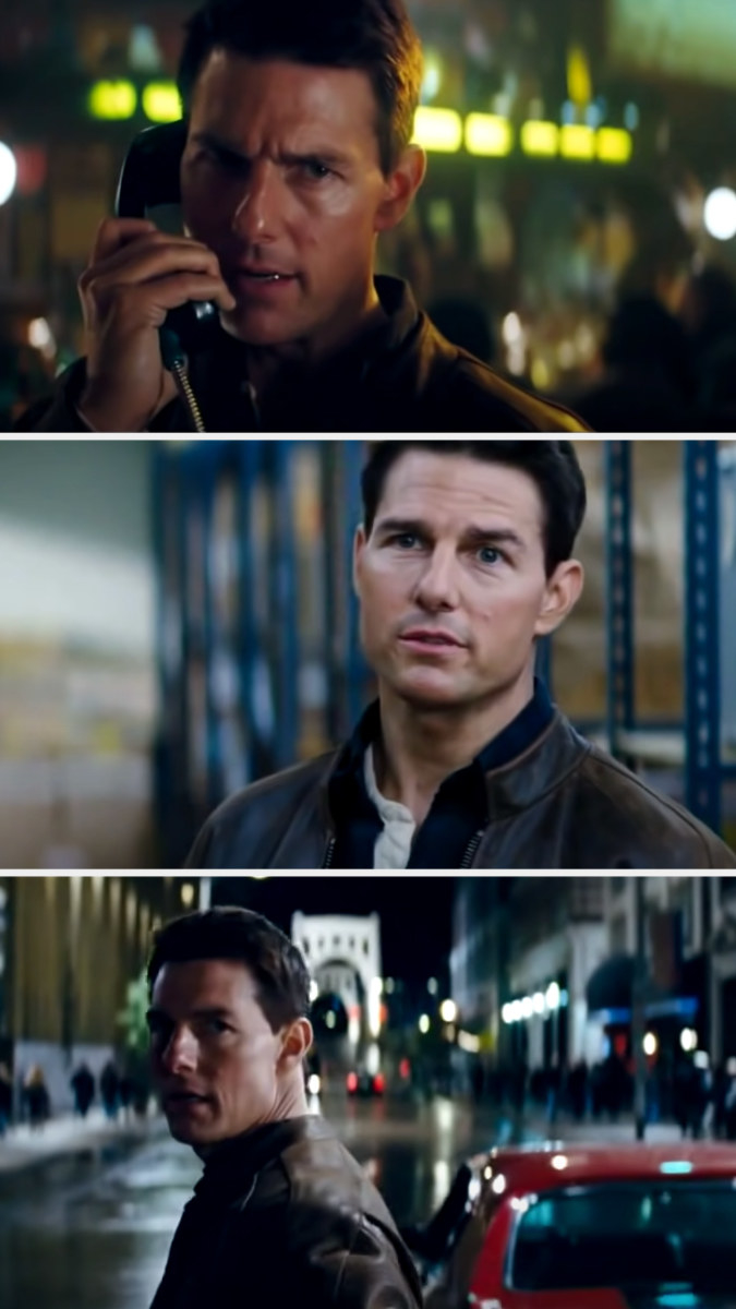 Cruise in three separate stills from &quot;Jack Reacher,&quot; with tough expressions on his face while wearing a leather jacket