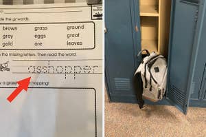 A student's worksheet that says "asshopper" and a backpack that doesn't fit in a locker