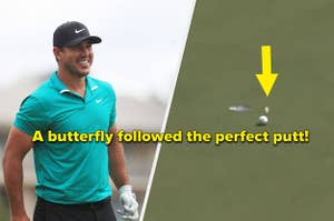 Brooks Koepka and a butterfly follows a golf ball