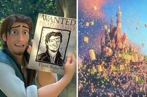 flynn rider holding his wanted poster on the left and the kingdom of corona covered in lanterns on the right