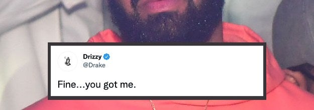 Drake looking up at someone at a party with a tweet that says