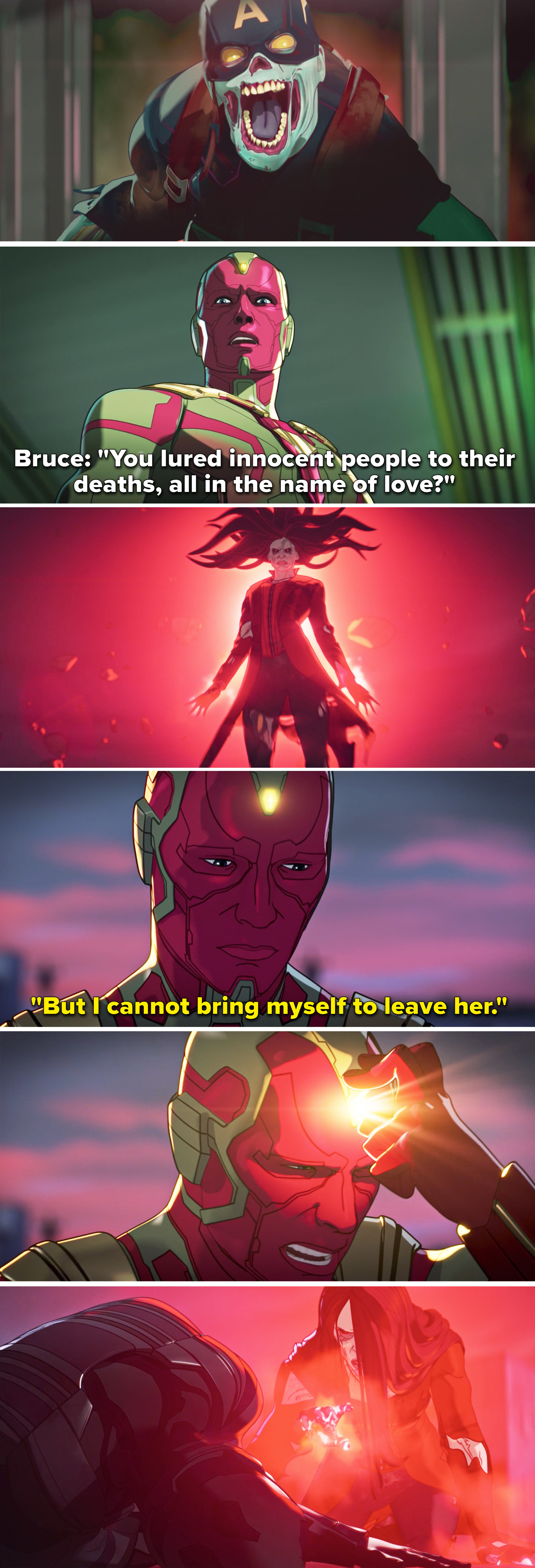 Vision saying, &quot;But I cannot bring myself to leave her&quot; and ripping the mind stone out of his head