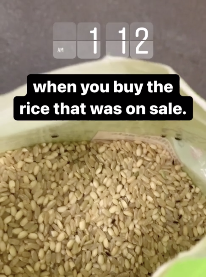 Open bag of rice showing tiny insects in it with the caption, &quot;When you buy the rice that was on sale&quot;