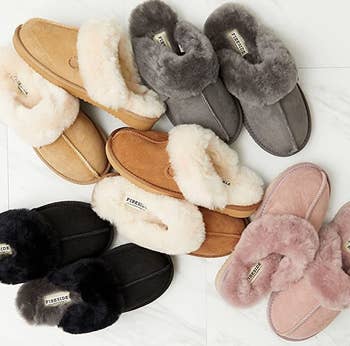 An array of slip-on slippers with shearling lininng
