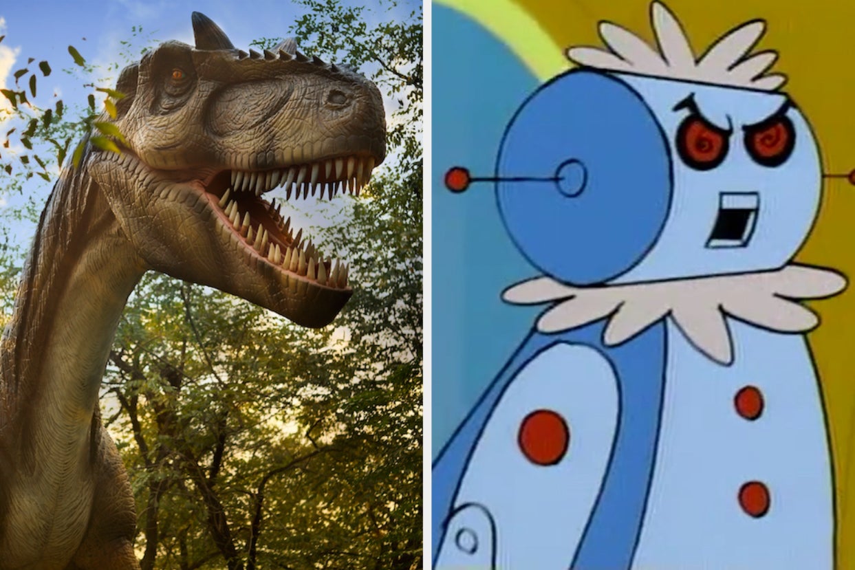 a dinosaur on the left and the robot from the jetsons on the right