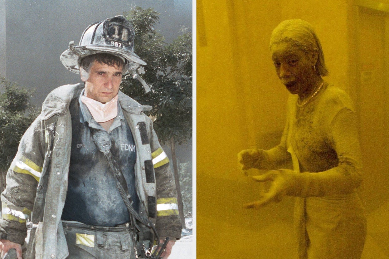 Firefighter stands among the debris of the fallen towers in New York City.