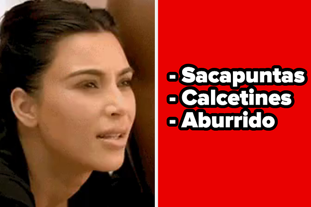 Kim Kardashian looking confused, and the words "sacapuntas", "calcetines", and "aburrido"