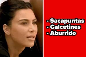 Kim Kardashian looking confused, and the words "sacapuntas", "calcetines", and "aburrido"