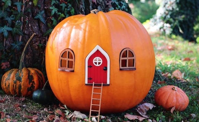 a pumpkin with two windows and a red door on it