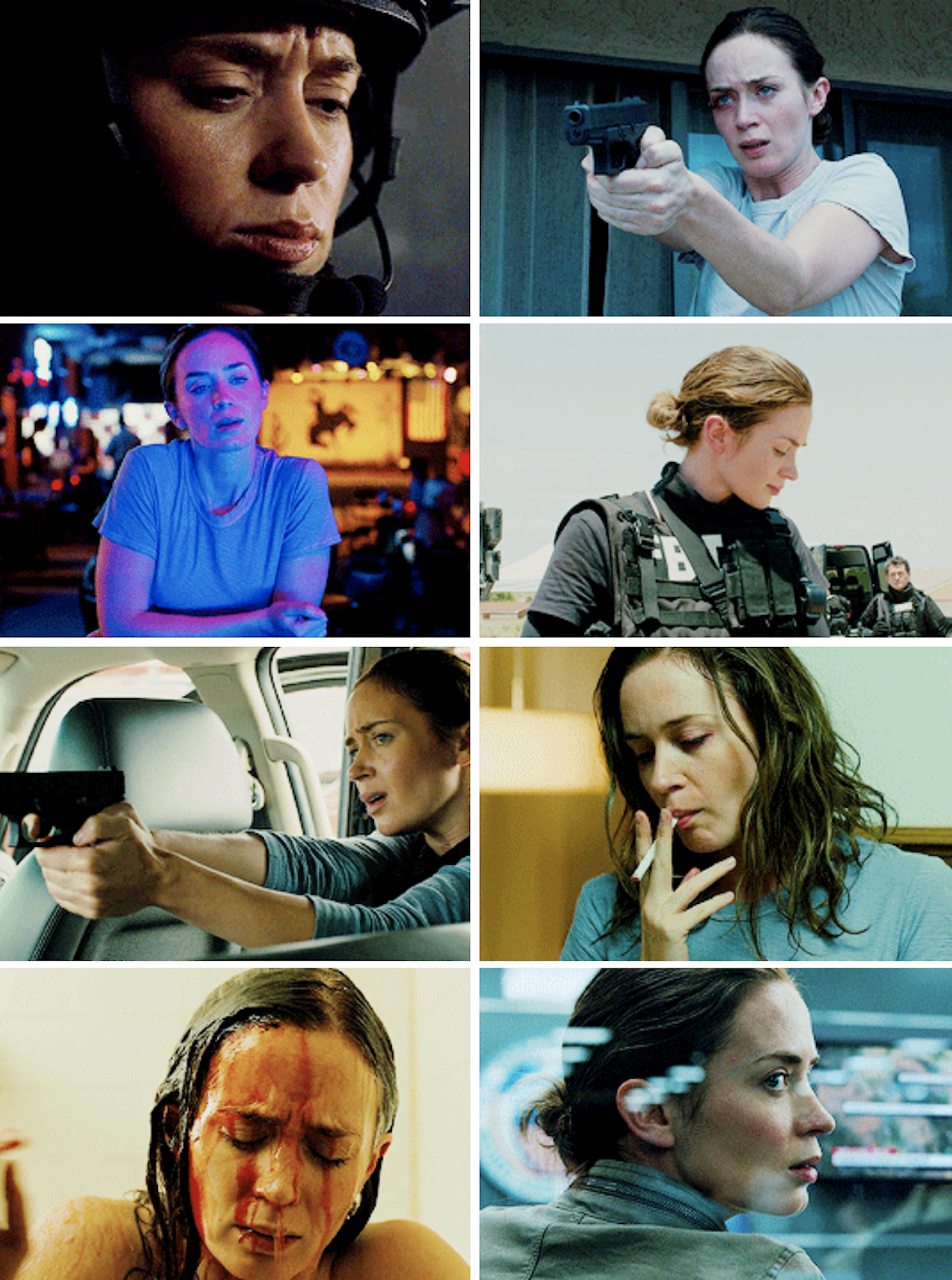 Blunt as KAte Macer in &quot;Sicario&quot; shooting a gun, smoking, and taking a shower to wash blood off of herself