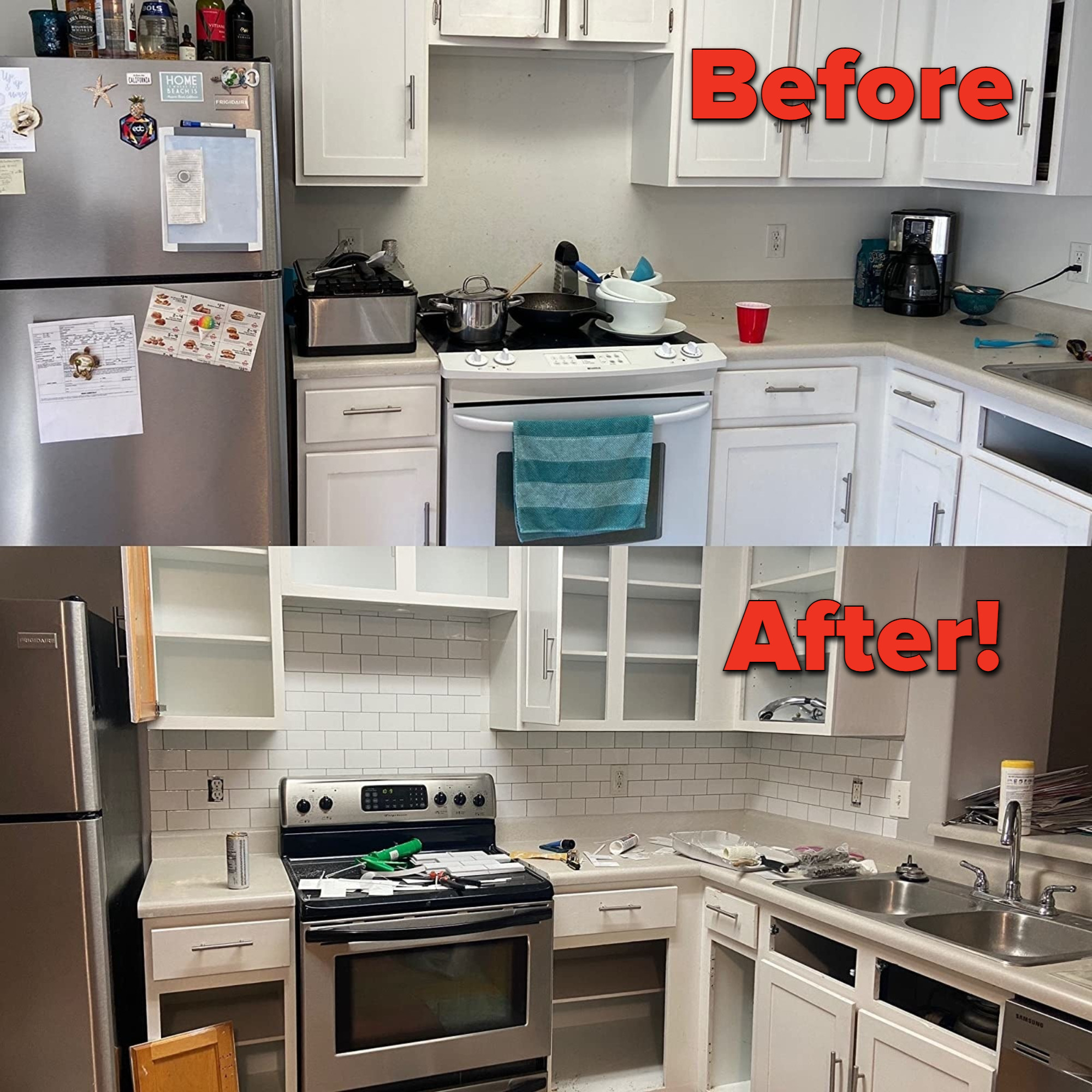 Reviewer&#x27;s kitchen before and after installing the kitchen tiles