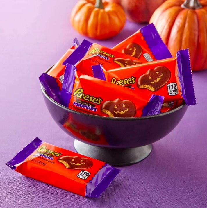 A bowl of the individually wrapped Reese&#x27;s pumpkins