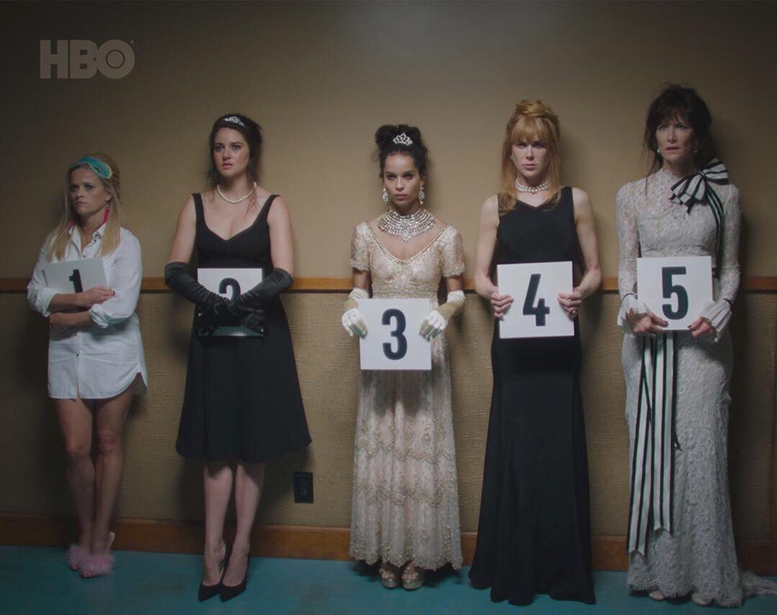 The cast of Big Little Lies during a scene where they&#x27;re in a police lineup