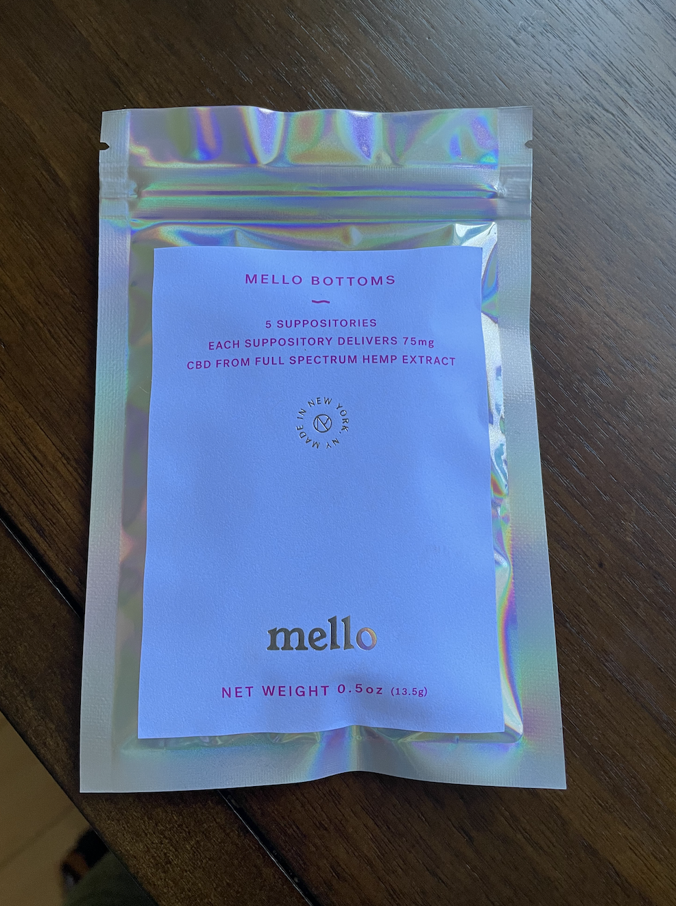 An image of the packaging of Mello Bottoms CBD suppositories