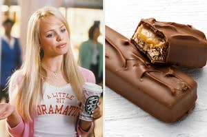 regina george on the left and a candy bar on the right