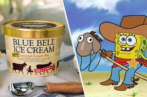 A bowl of blue bell ice cream next to Spongebob dressed as a cow boy