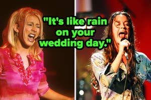 Christina Aguilera and Alanis Morisette with text, "It's like rain on your wedding day"