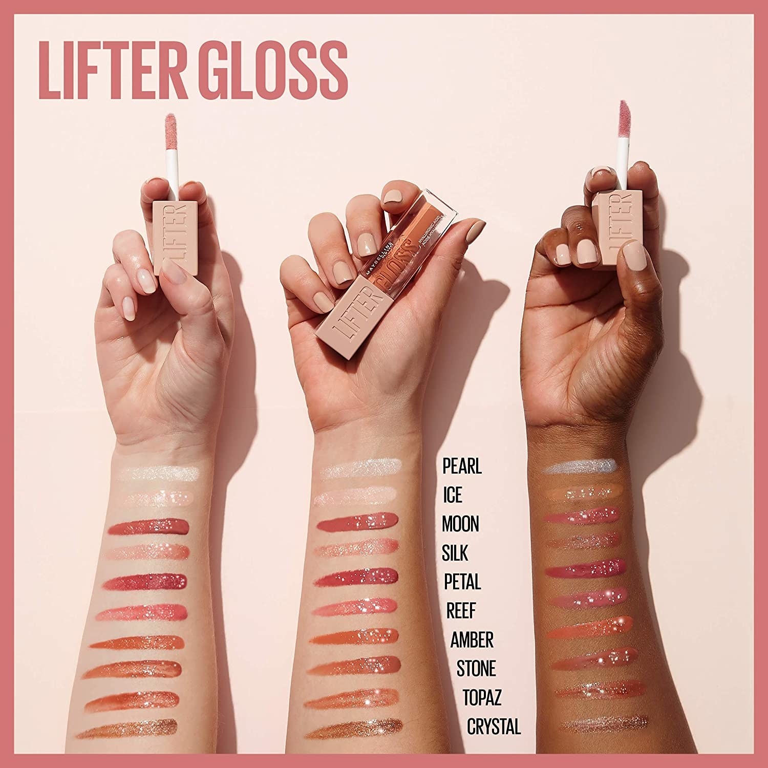 Swatches of the gloss shades on three arms with different skin tones