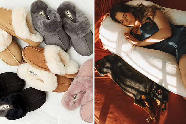 to the left: a bunch of slippers, to the right: a model laying on a body pillow