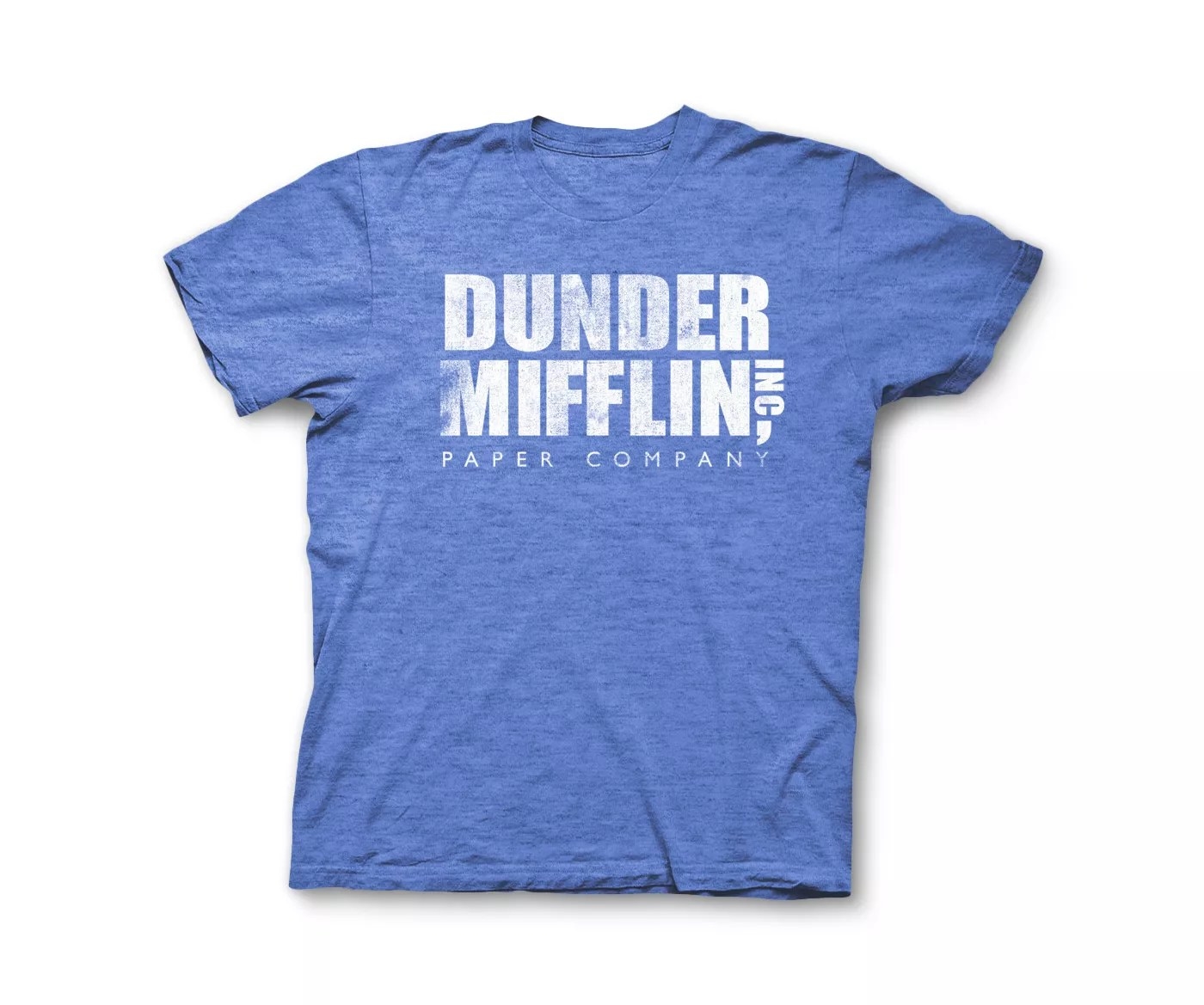 A blue Dundler Mifflin t-shirt