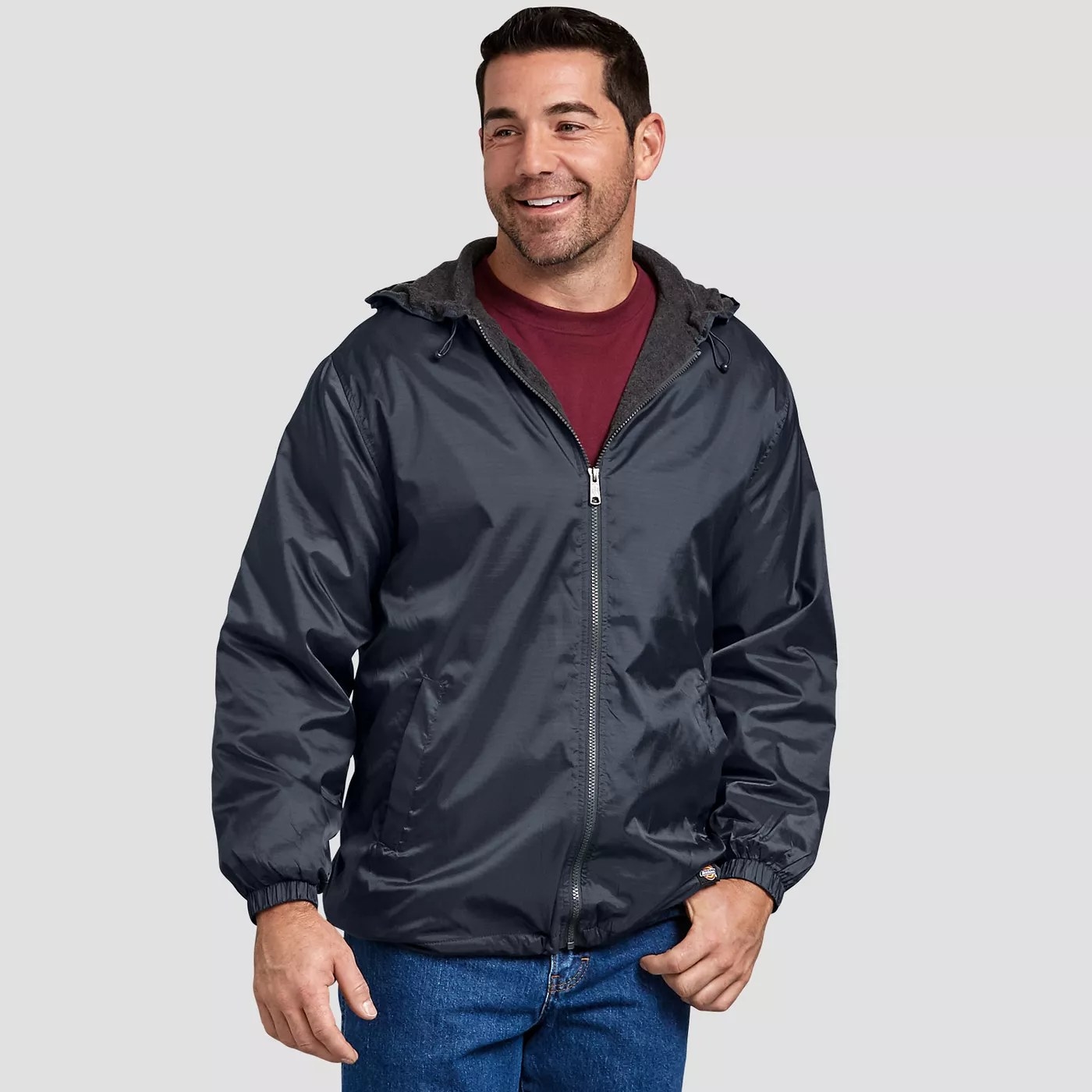 A dark blue rain jacket