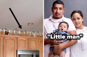 liquor bottles and little man and a baby